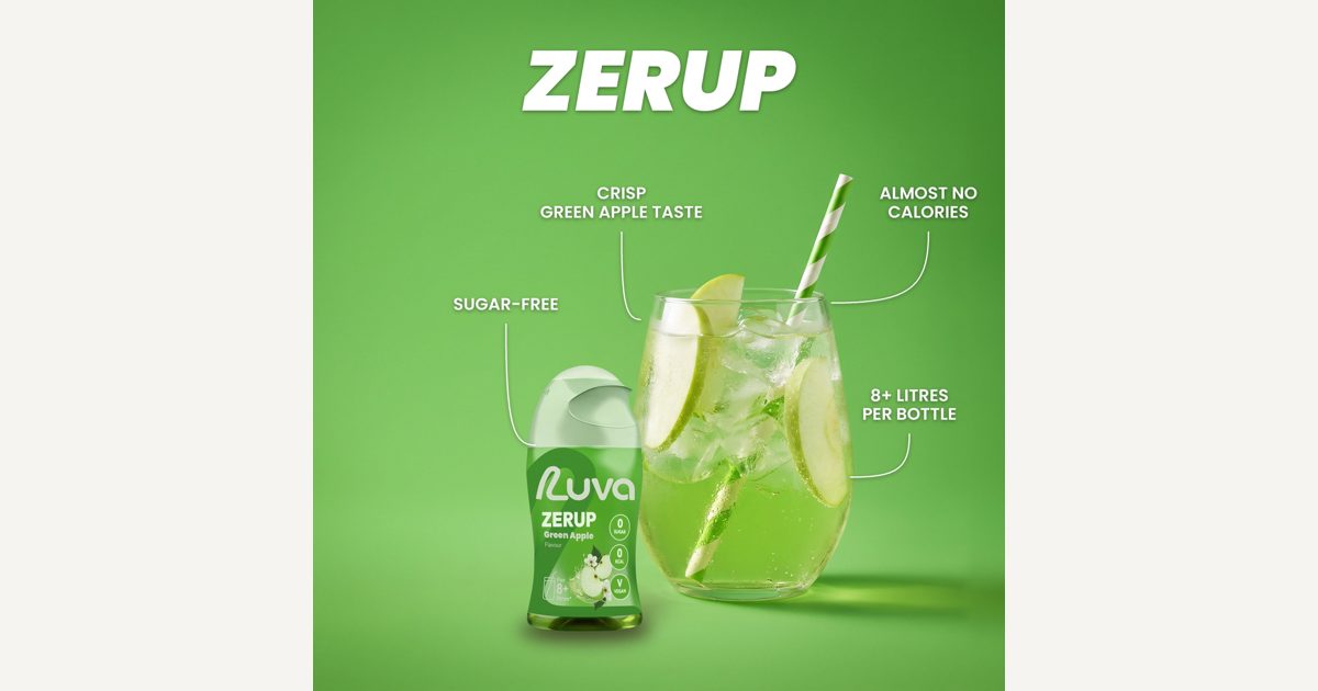 ZERUP by LUVA Green Apple sugar-free syrup bottle with a glass of drink