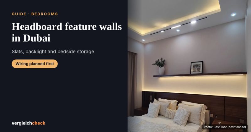 Headboard feature walls in Dubai: slats, backlight and bedside storage