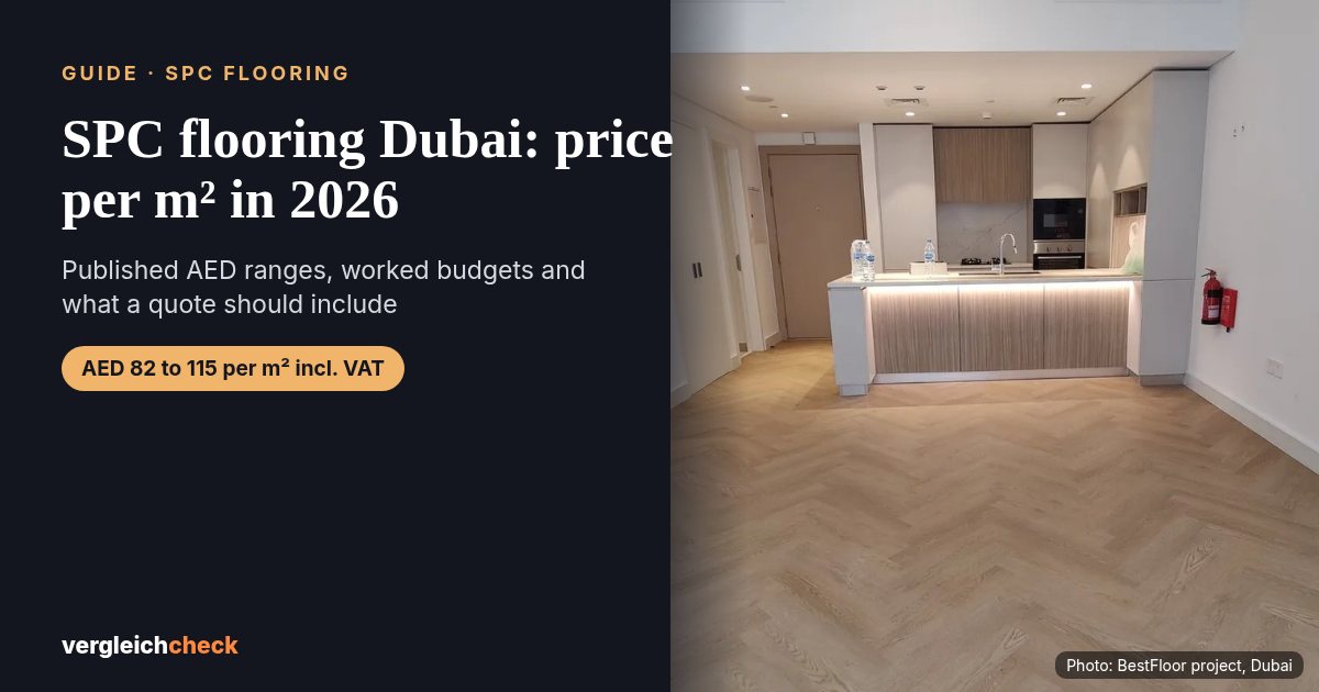Herringbone SPC floor in an open-plan Dubai apartment kitchen, BestFloor project