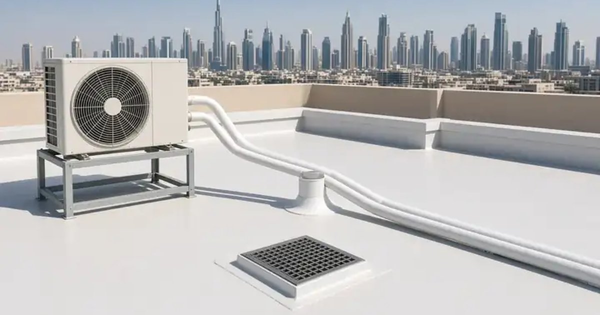 Cool-white PU waterproofing on a Dubai villa flat roof