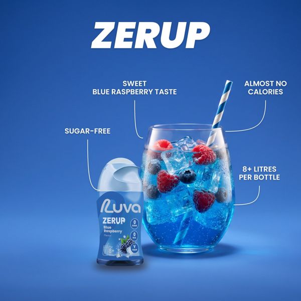 ZERUP Blue Raspberry sugar-free syrup bottle and drink