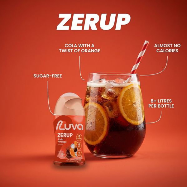 ZERUP Cola Orange sugar-free syrup bottle and drink