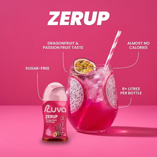 ZERUP Dragonfruit Passionfruit sugar-free syrup bottle and drink