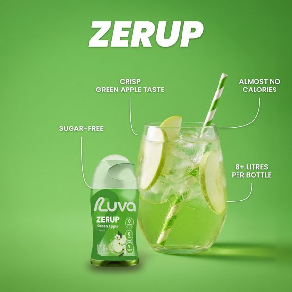 ZERUP Green Apple sugar-free syrup bottle and drink