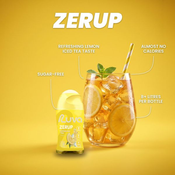 ZERUP Lemon Iced Tea sugar-free syrup bottle and drink