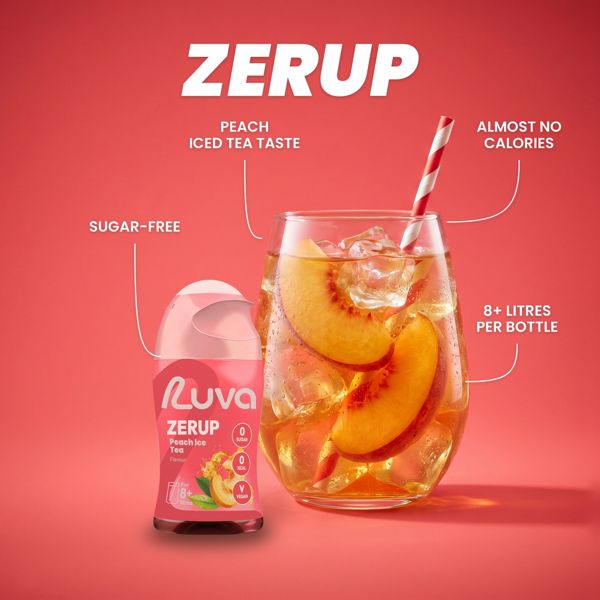 ZERUP Peach Iced Tea sugar-free syrup bottle and drink